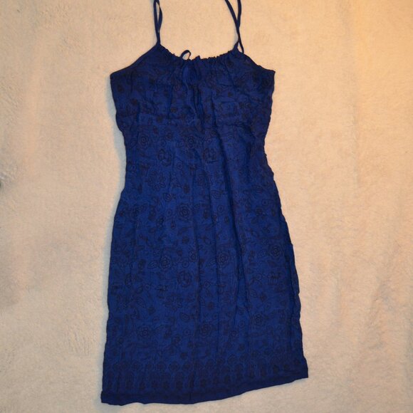 xhiliration y2k blue peasant sheath dress w black floral print szM - Picture 1 of 14